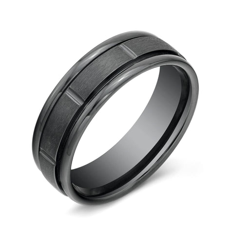 Matte Groove Lined Comfort Fit Ring - Black