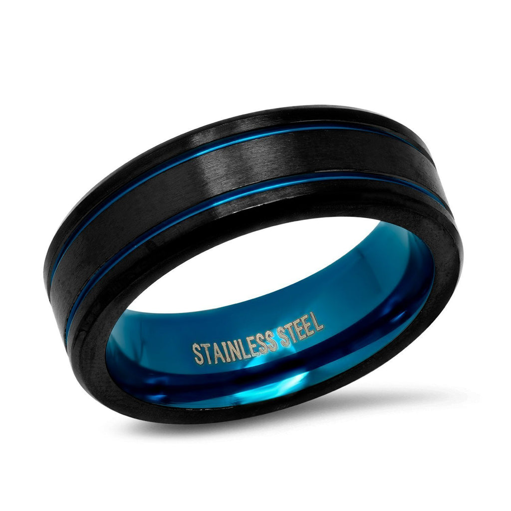 Two-Tone Stainless Steel Band Ring - Brushed - Black / Blue