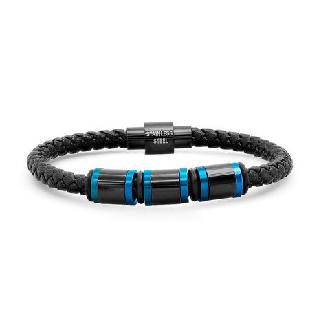 Braided Leather-Stainless Steel Bracelet-Blue/ Black