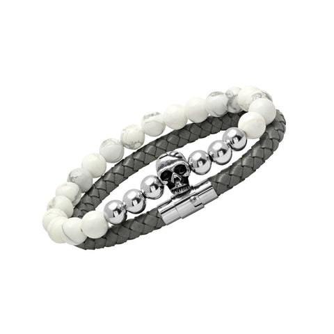 Leather Braided Bracelet-Skull Marble Beaded Bracelet-Gray/White