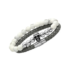 Leather Braided Bracelet-Skull Marble Beaded Bracelet-Gray/White