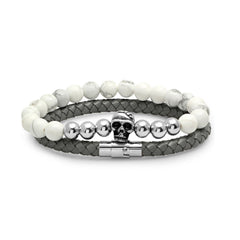 Leather Braided Bracelet-Skull Marble Beaded Bracelet-Gray/White