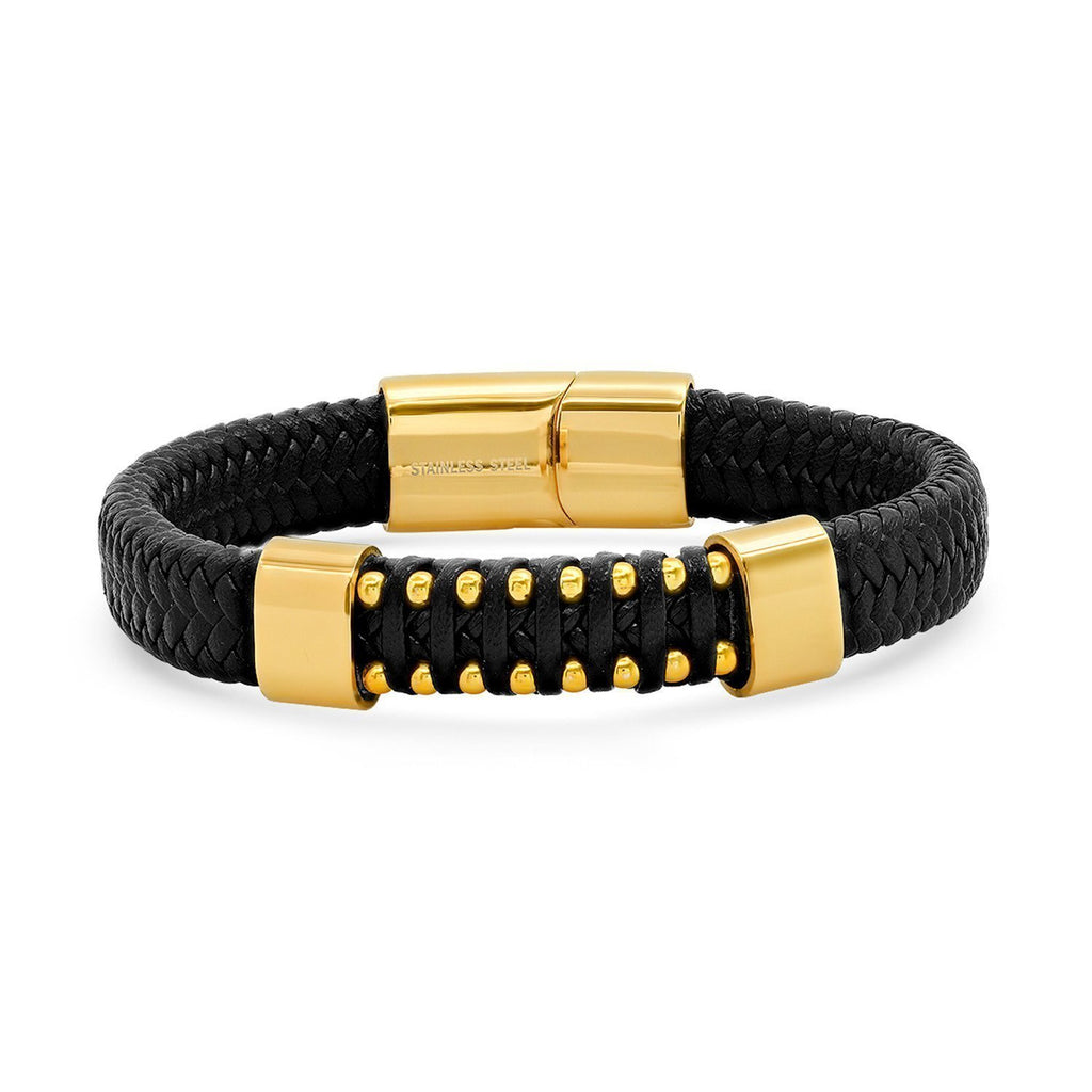 Braided Leather - Gold Bracelet- Black /Yellow