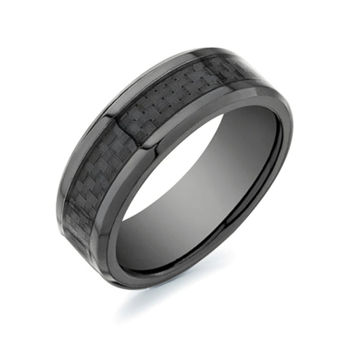 Polished Carbon Fiber Center Comfort Fit Ring - Black