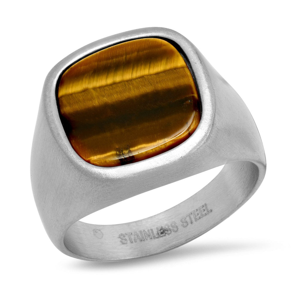 Stainless Steel - Tiger's Eye Ring - Silver / Brown